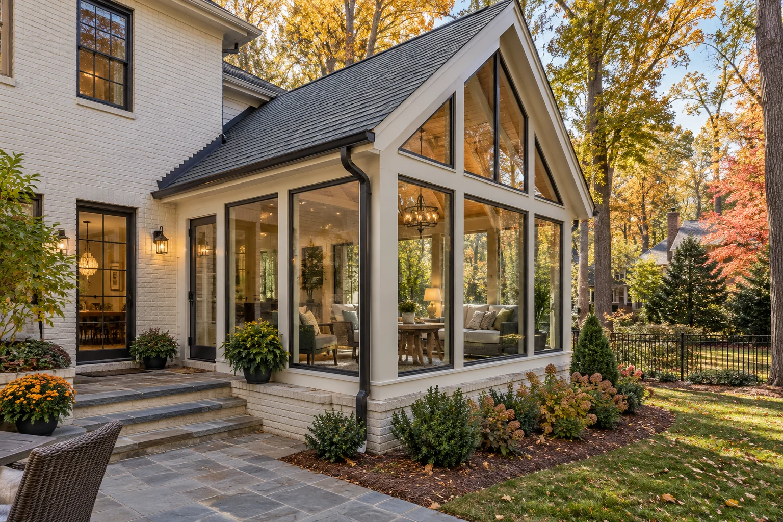 A-frame sunroom addition at a Raleigh home in fall