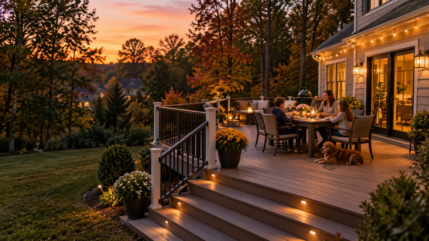 Family enjoying dinner on an open deck at their Raleigh home in fall