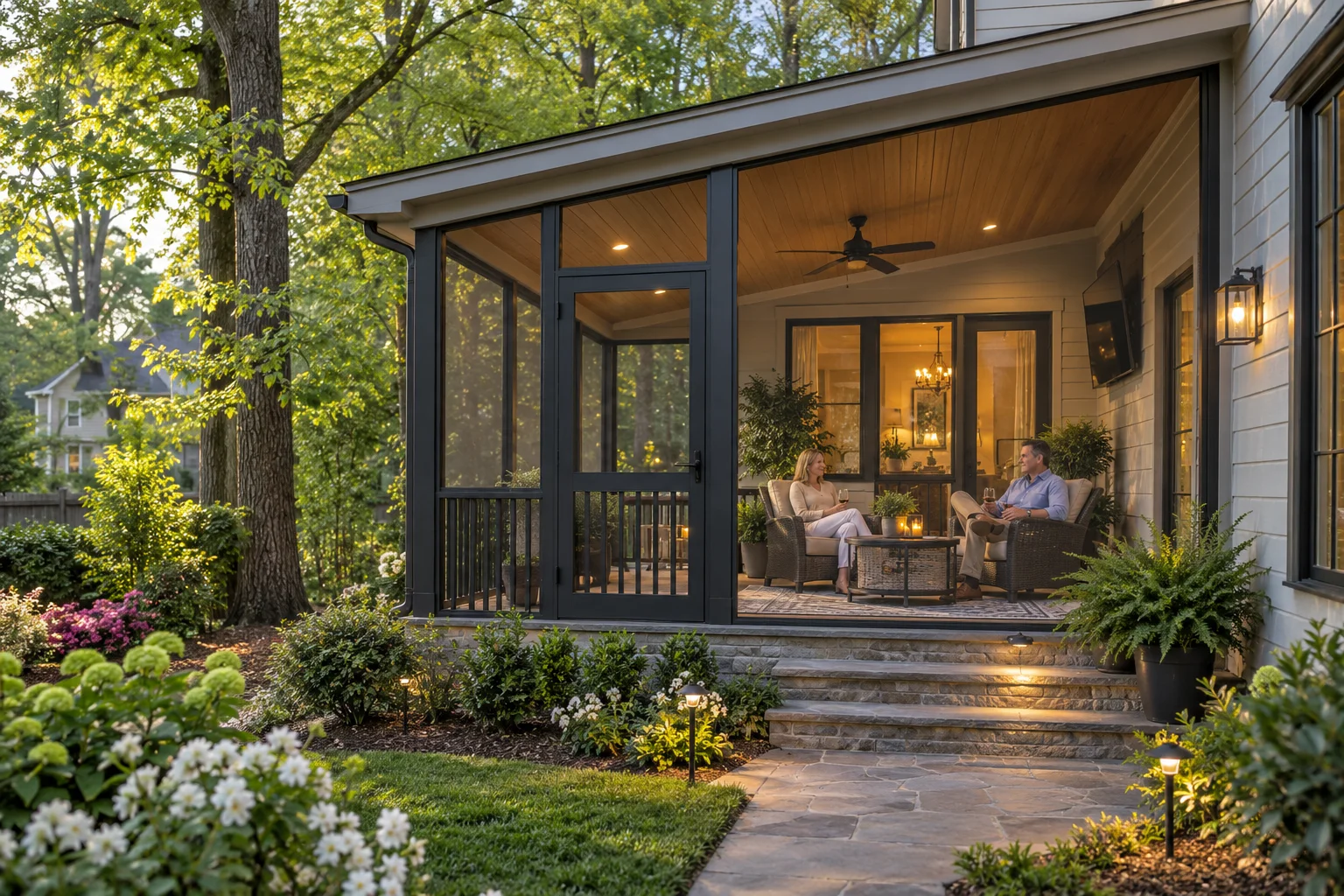Couple enjoying a screened porch at a Raleigh home in spring