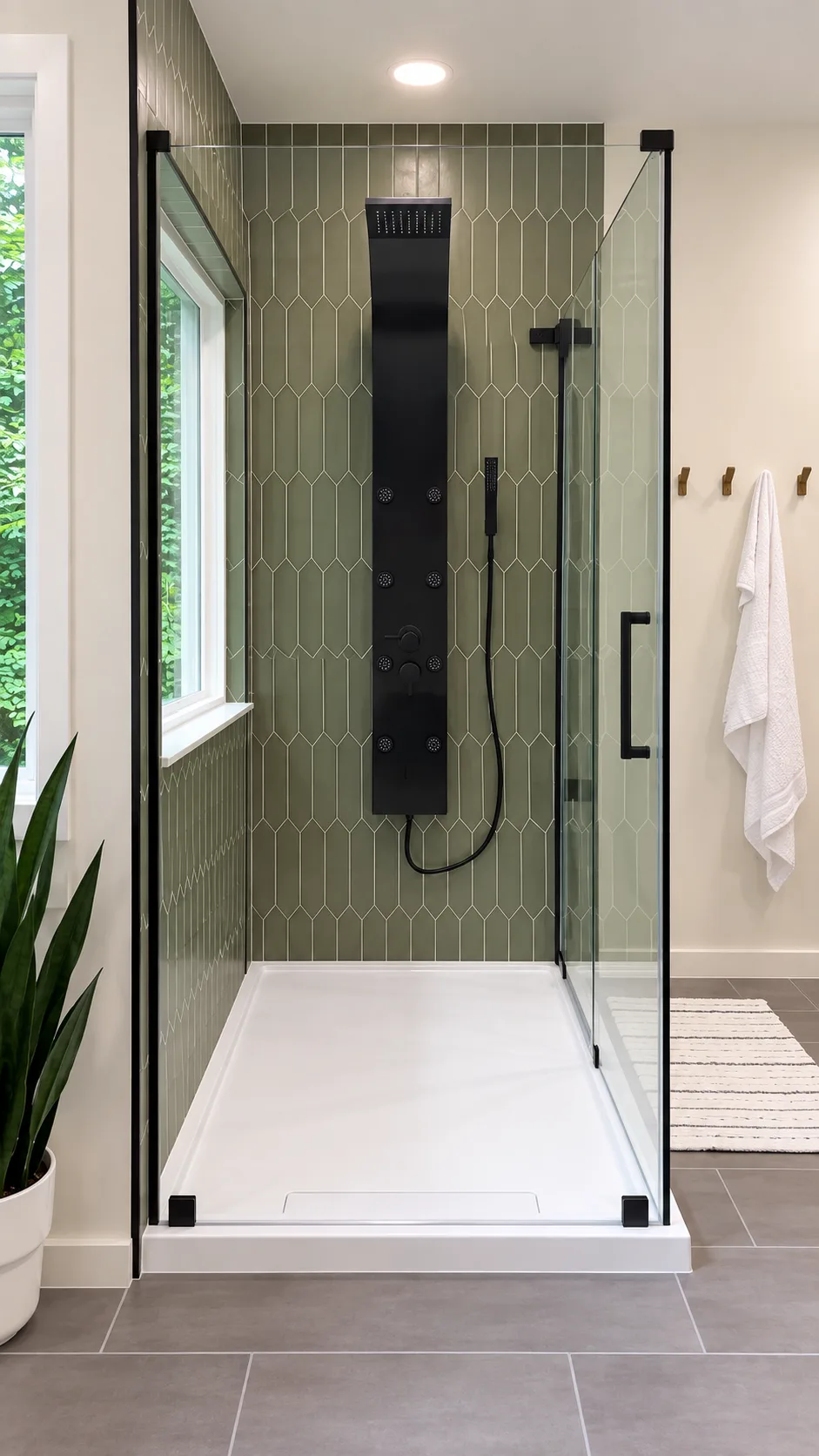 Front view of a Cary bathroom walk-in shower with green vertical tile, black fixtures, and clear glass enclosure