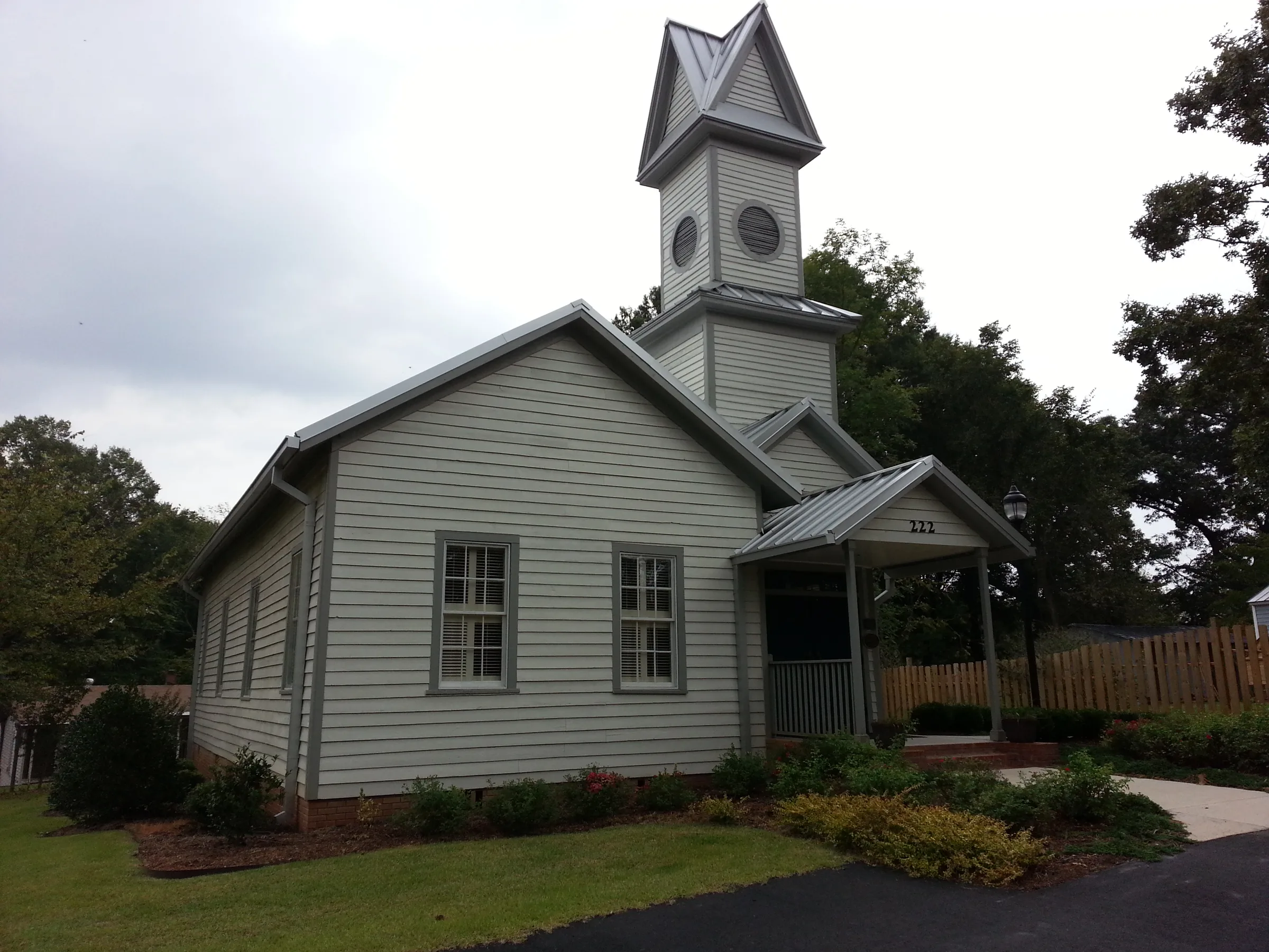 White Gothic Revival facade of the historic Morrisville Christian Church