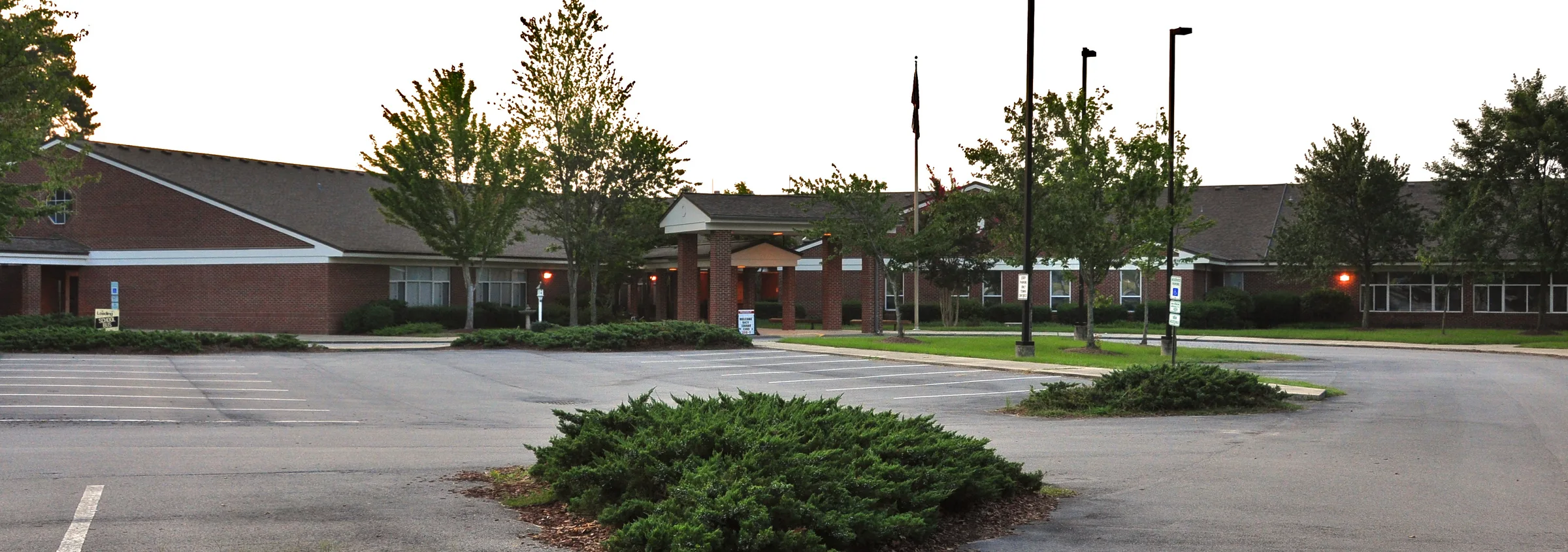 Long brick facade of Rolesville Elementary School in Rolesville